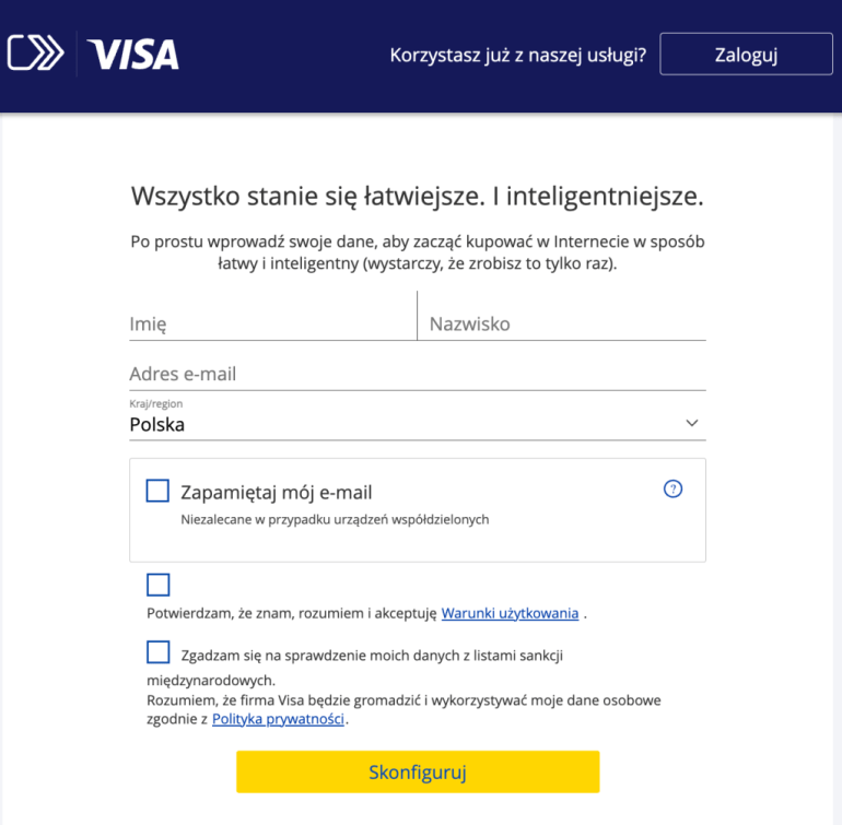 Formularz rejestracji do usługi Visa Click to Pay / Visa Checkout