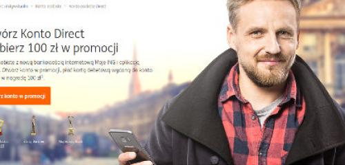 Mężczyzna z telefonem komórkowym w dłoni reklamuje Konto Direct w ING Banku Śląskim