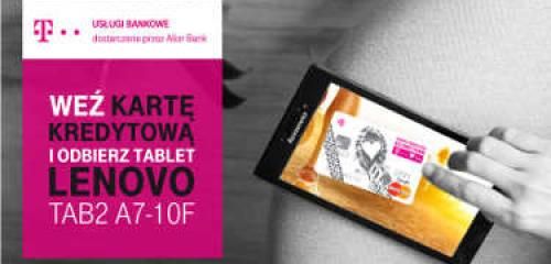 oferta T-mobile usługi bankowe na różowym tle oraz palec wskazujący na tablecie lenovo