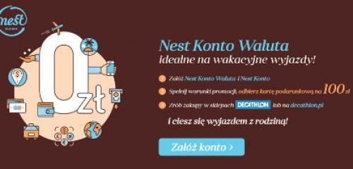 białe zero złotych na brązowym tle - reklama promocji Nest Banku z bonem do Decathlon